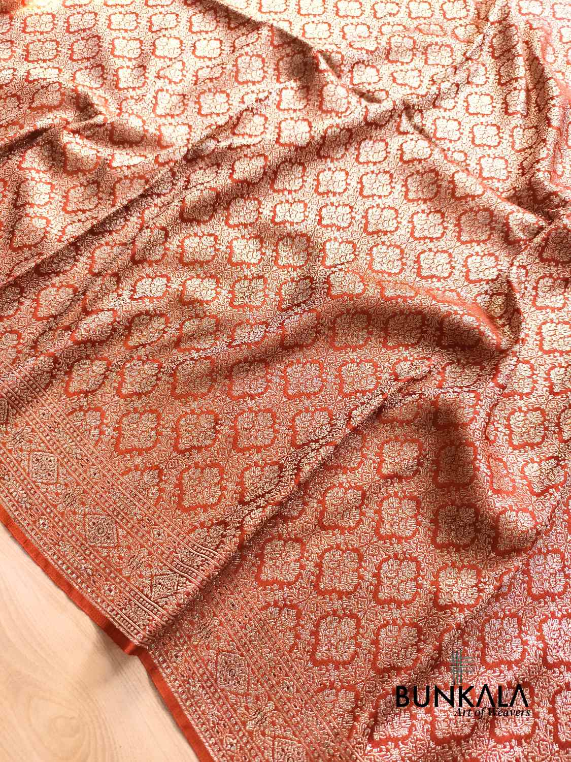 Rust Orange Brocade Weaved Banarasi Mashru Silk Saree 