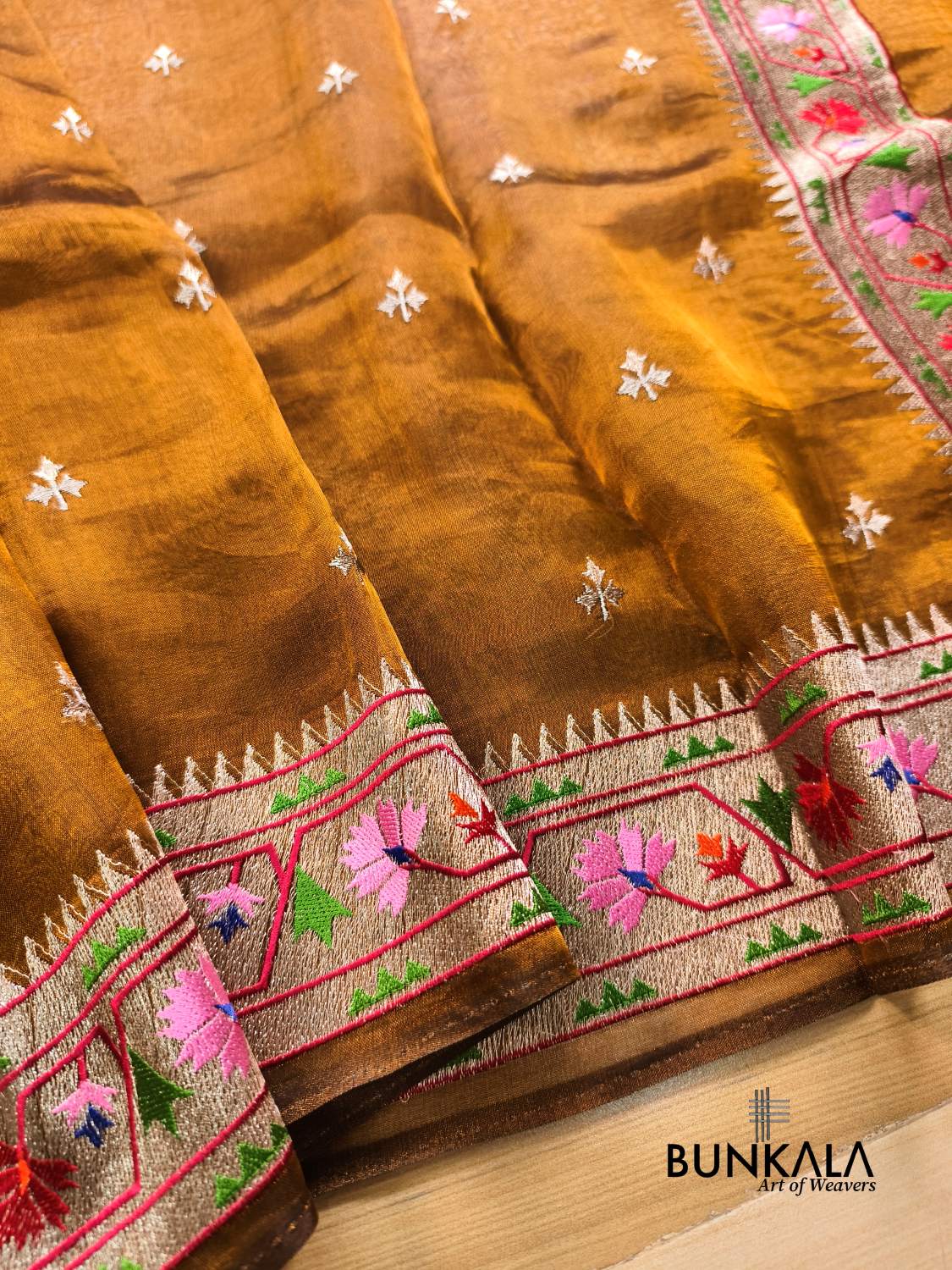 Rust Orange Multicolour Paithani Border Banarasi Embroidery Tissue Silk Saree
