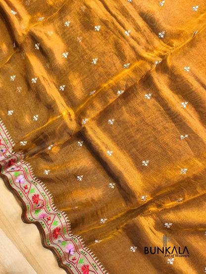 Rust Orange Multicolour Paithani Border Banarasi Embroidery Tissue Silk Saree