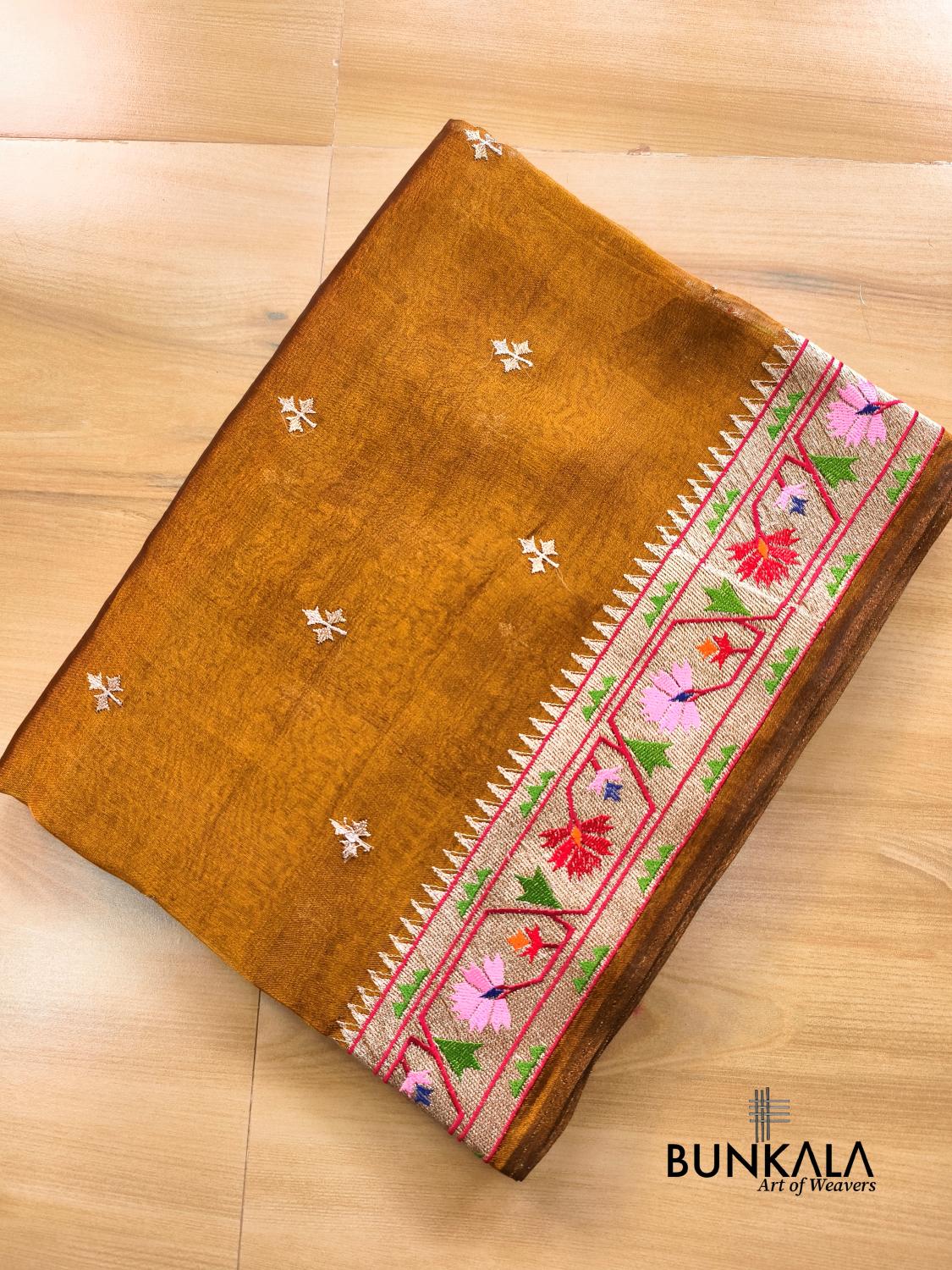 Rust Orange Multicolour Paithani Border Banarasi Embroidery Tissue Silk Saree