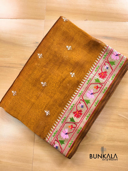 Rust Orange Multicolour Paithani Border Banarasi Embroidery Tissue Silk Saree