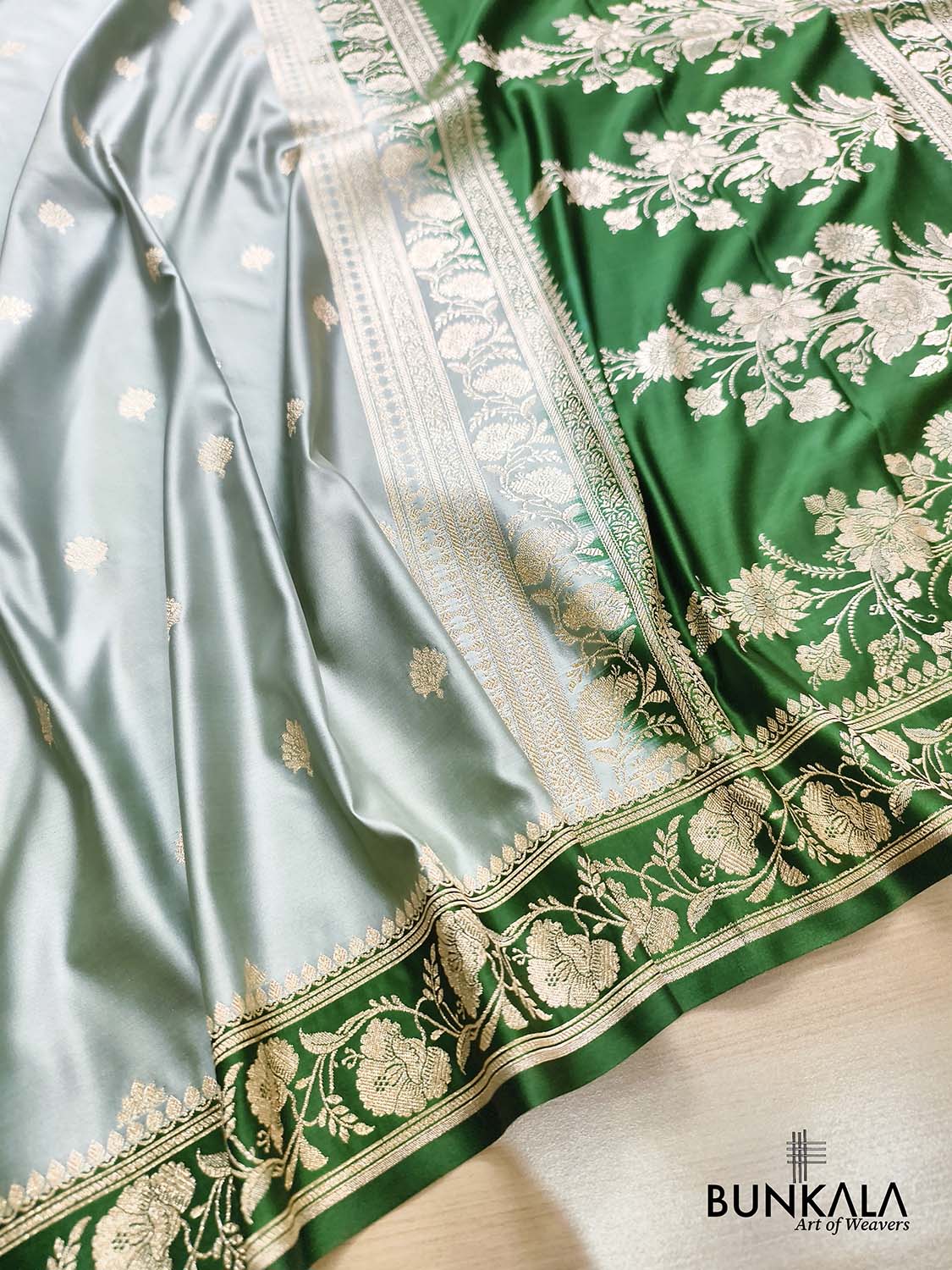 Sage Green with Contrast Emerald Green Border Banarasi Mashru Silk Saree