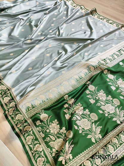Sage Green with Contrast Emerald Green Border Banarasi Mashru Silk Saree
