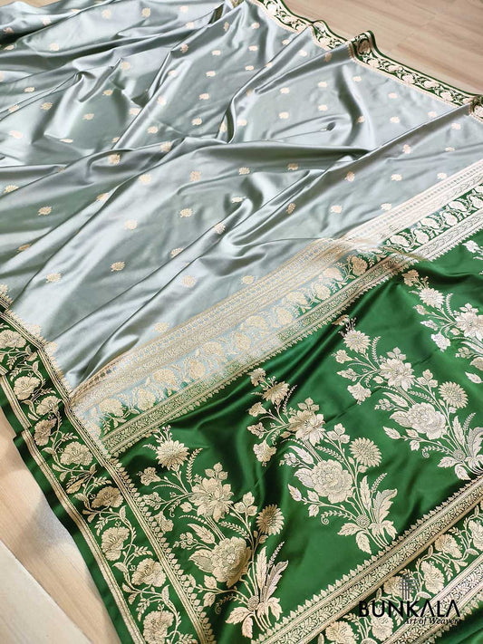 Sage Green with Contrast Emerald Green Border Banarasi Mashru Silk Saree