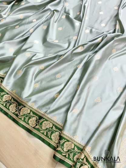 Sage Green with Contrast Emerald Green Border Banarasi Mashru Silk Saree