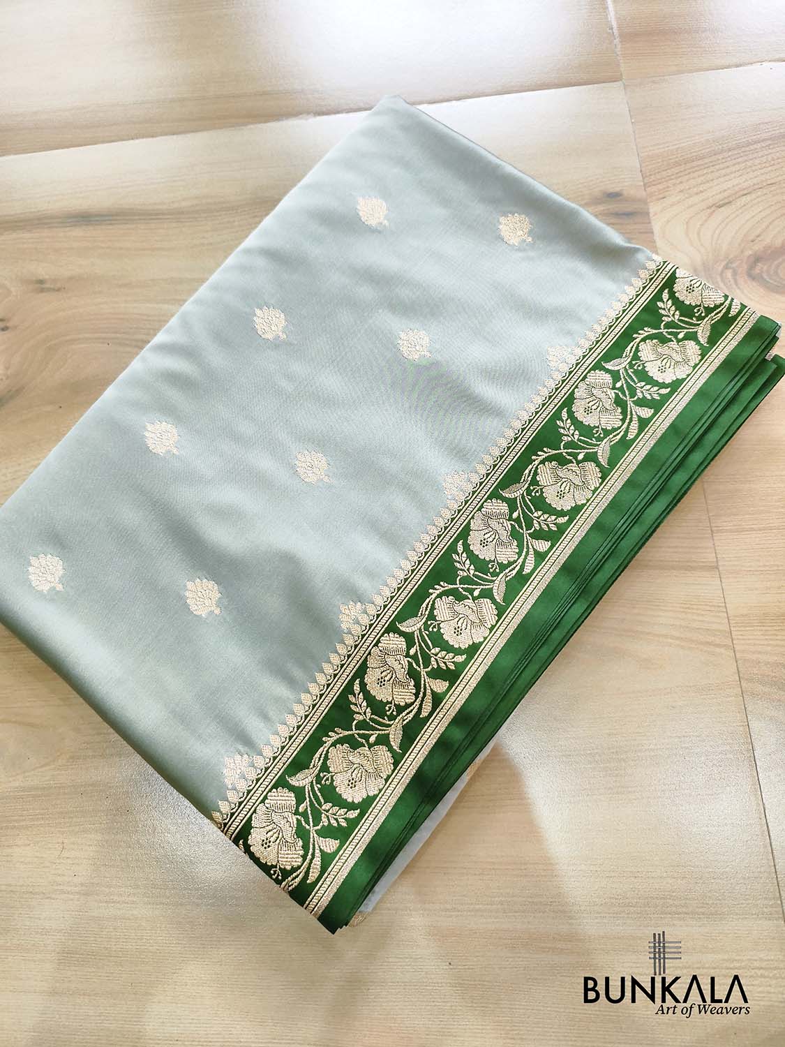 Sage Green with Contrast Emerald Green Border Banarasi Mashru Silk Saree