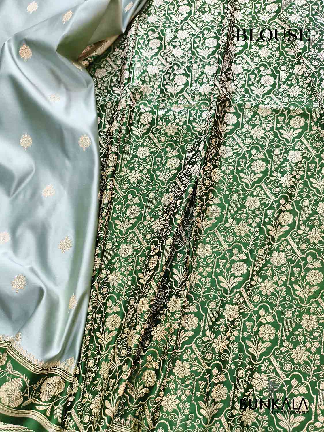 Sage Green with Contrast Emerald Green Border Banarasi Mashru Silk Saree