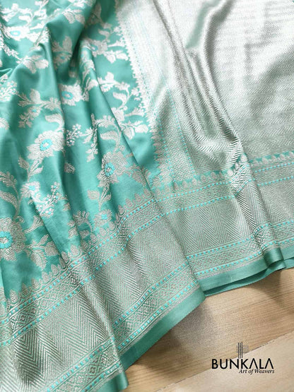 Sea Blue Meena Floral Jaal Weaved Banarasi Mashru Silk Saree