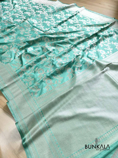 Sea Blue Meena Floral Jaal Weaved Banarasi Mashru Silk Saree