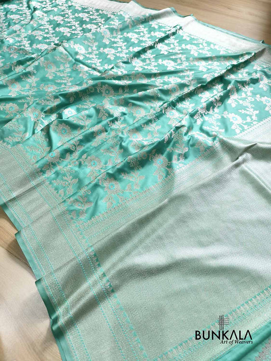 Sea Blue Meena Floral Jaal Weaved Banarasi Mashru Silk Saree
