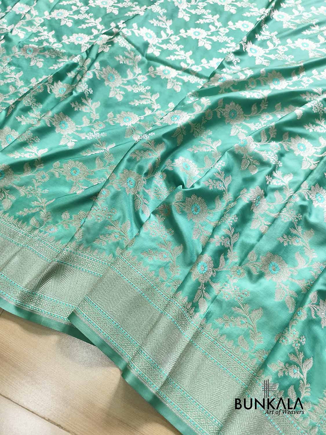 Sea Blue Meena Floral Jaal Weaved Banarasi Mashru Silk Saree