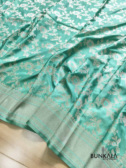 Sea Blue Meena Floral Jaal Weaved Banarasi Mashru Silk Saree