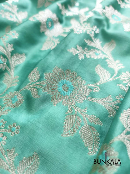 Sea Blue Meena Floral Jaal Weaved Banarasi Mashru Silk Saree