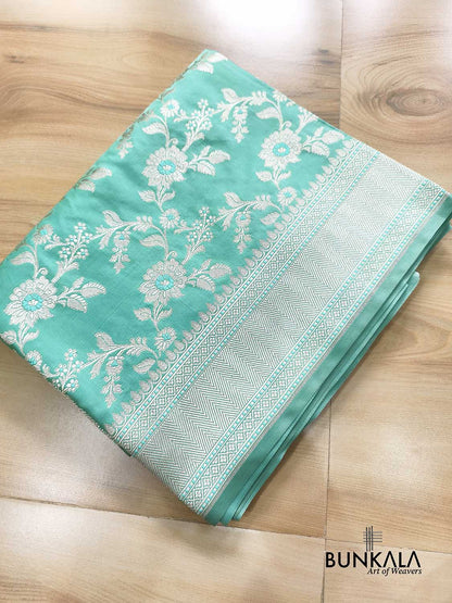 Sea Blue Meena Floral Jaal Weaved Banarasi Mashru Silk Saree