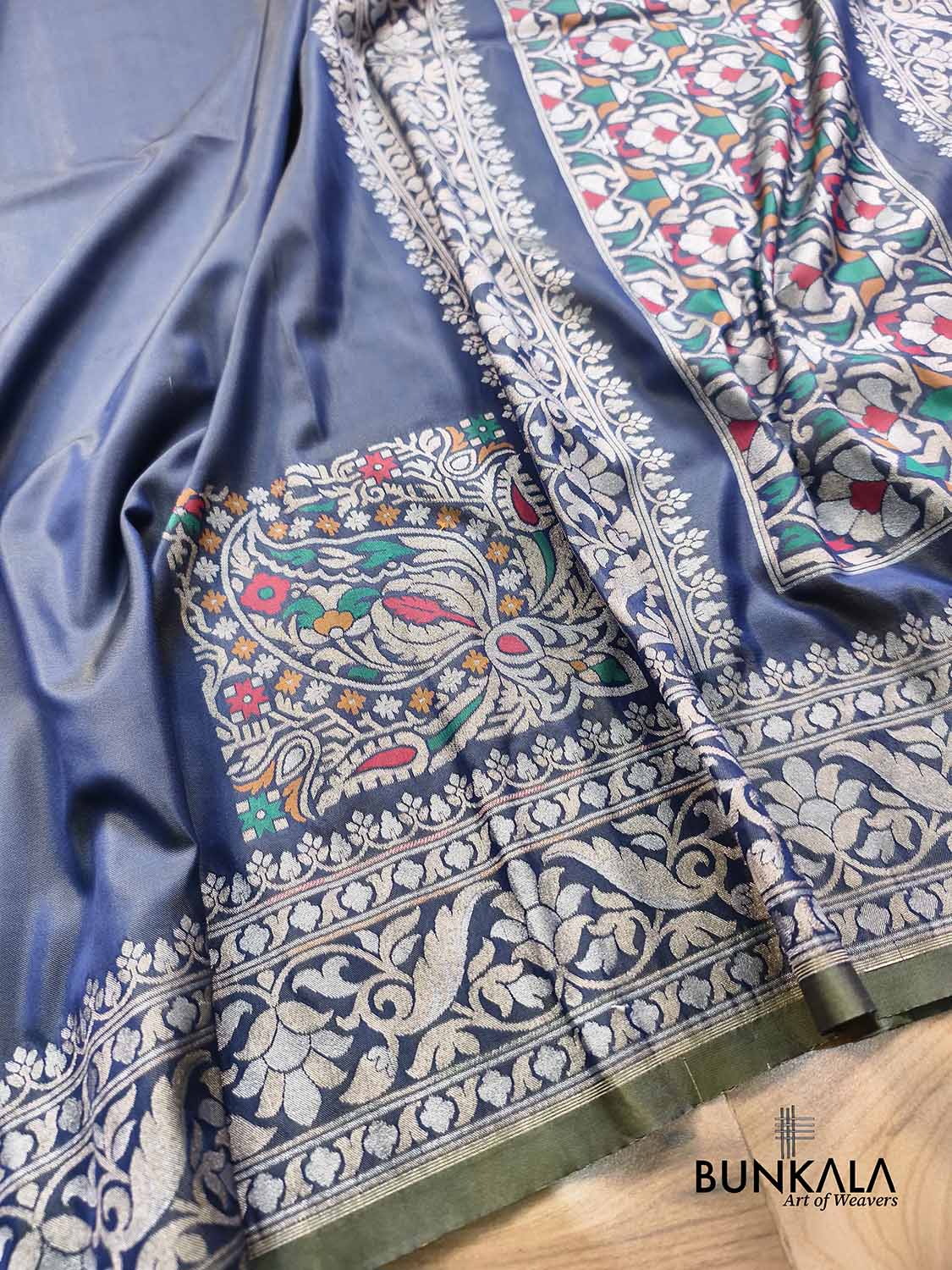 Shot Blue Plain Ektara Banarasi Meena Jamdani Weaved Silk Saree