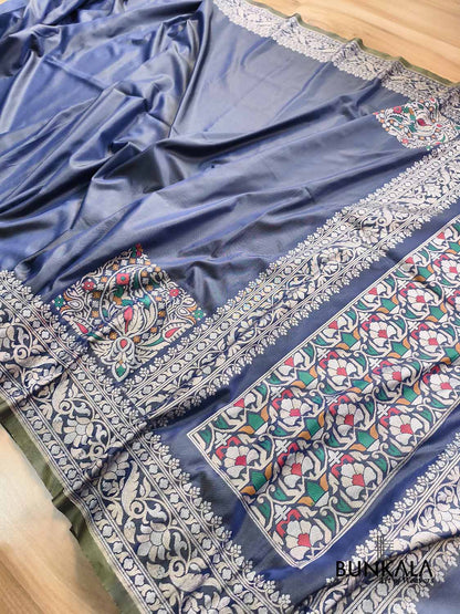 Shot Blue Plain Ektara Banarasi Meena Jamdani Weaved Silk Saree