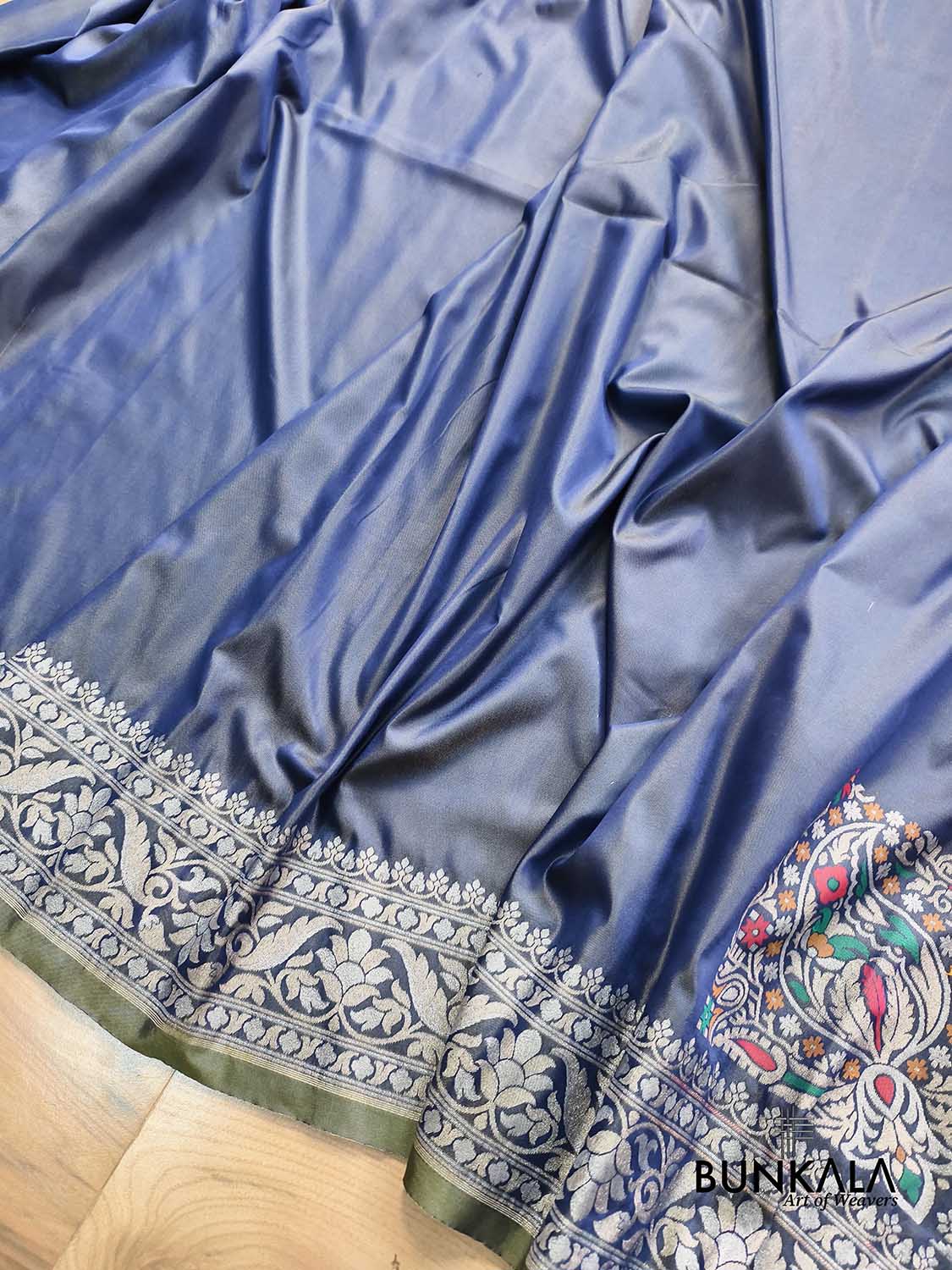 Shot Blue Plain Ektara Banarasi Meena Jamdani Weaved Silk Saree