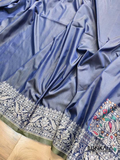 Shot Blue Plain Ektara Banarasi Meena Jamdani Weaved Silk Saree