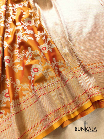 Shot Orange Meena Floral Jaal Weaved Banarasi Mashru Silk Saree