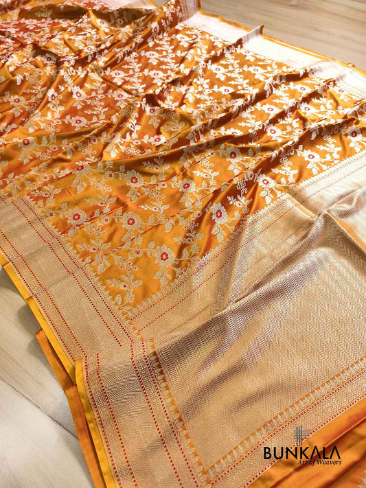 Shot Orange Meena Floral Jaal Weaved Banarasi Mashru Silk Saree