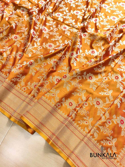 Shot Orange Meena Floral Jaal Weaved Banarasi Mashru Silk Saree