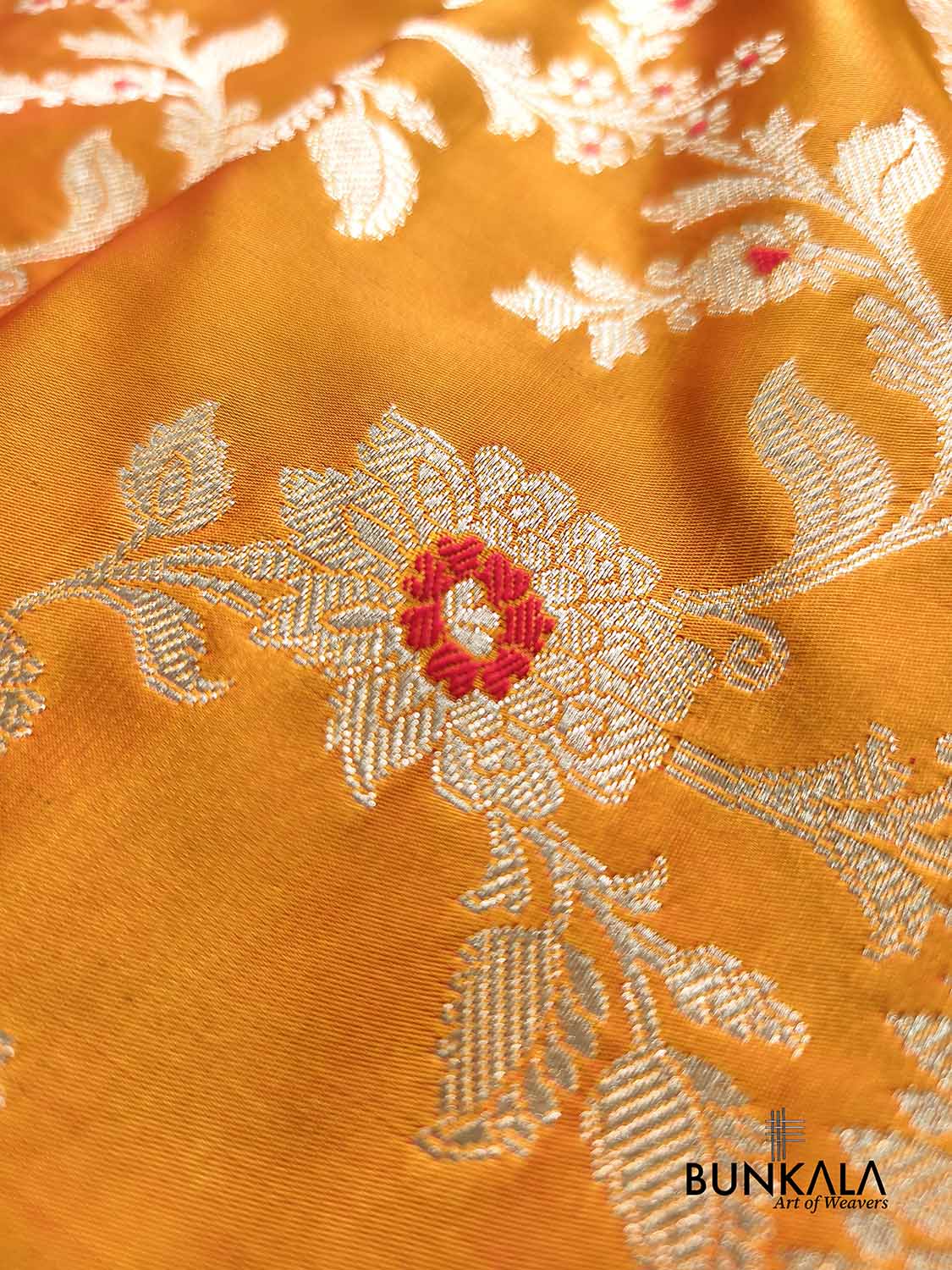 Shot Orange Meena Floral Jaal Weaved Banarasi Mashru Silk Saree