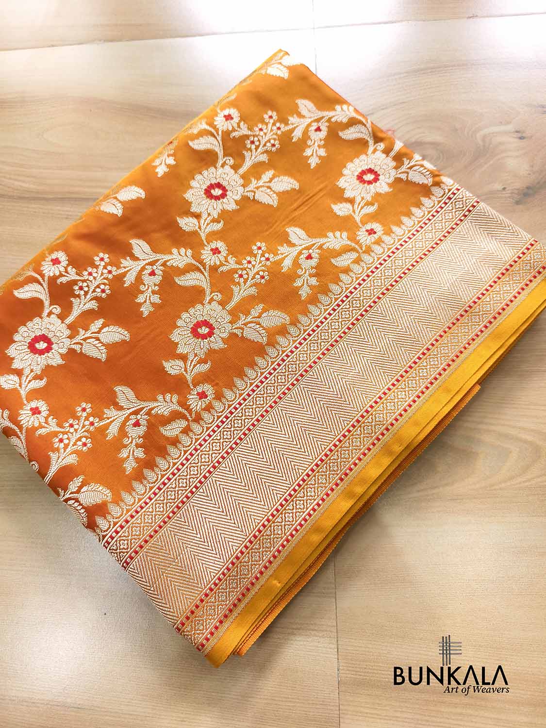 Shot Orange Meena Floral Jaal Weaved Banarasi Mashru Silk Saree