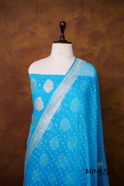 Sky Blue Buta Banarasi Pure Chiffon Silk Unstitched Suit Set