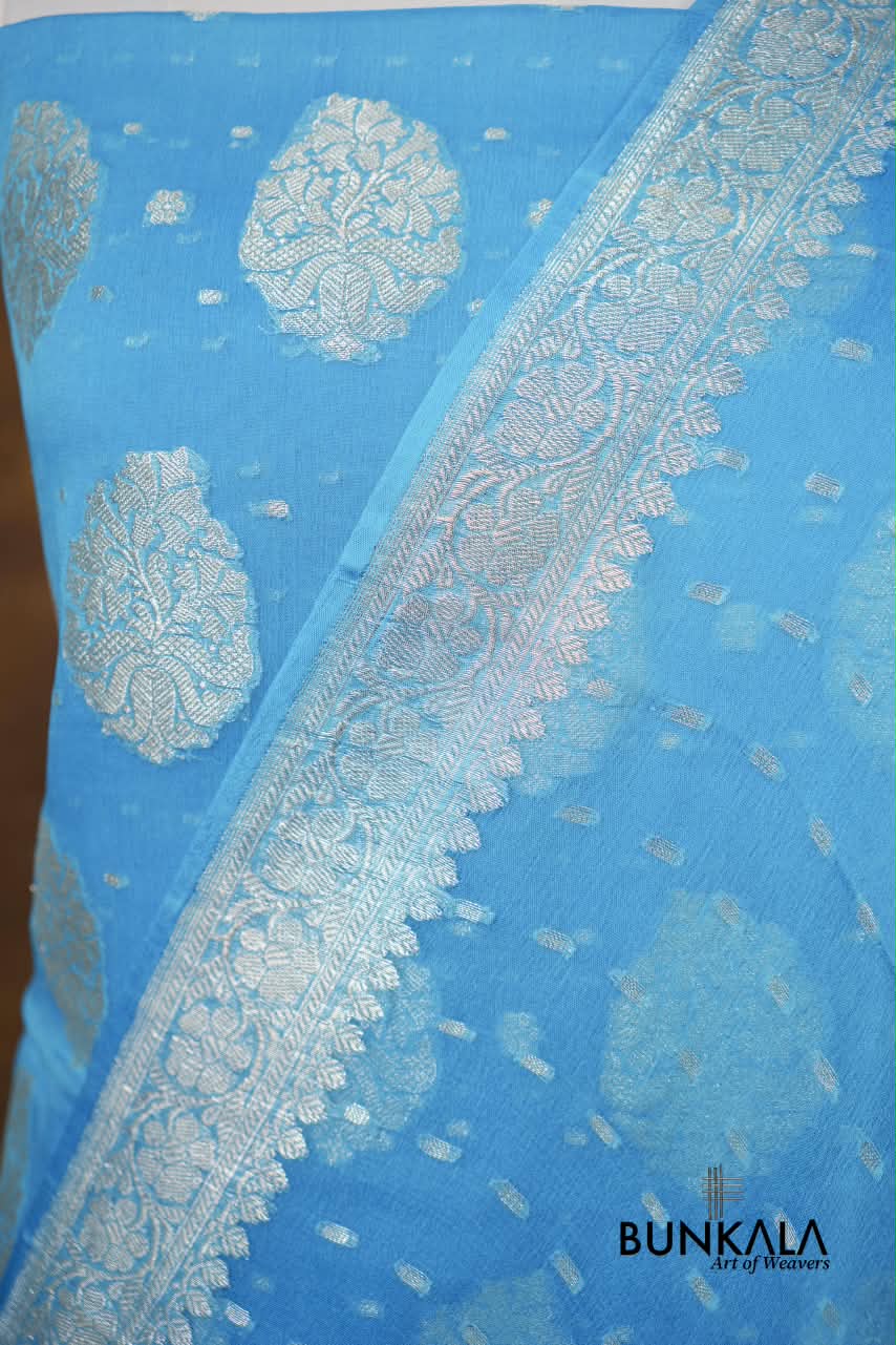 Sky Blue Buta Banarasi Pure Chiffon Silk Unstitched Suit Set