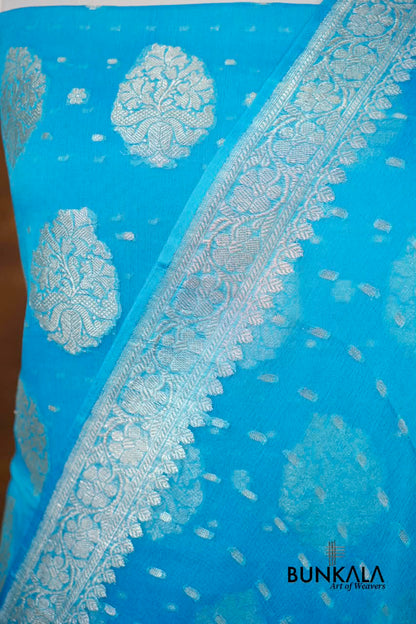 Sky Blue Buta Banarasi Pure Chiffon Silk Unstitched Suit Set