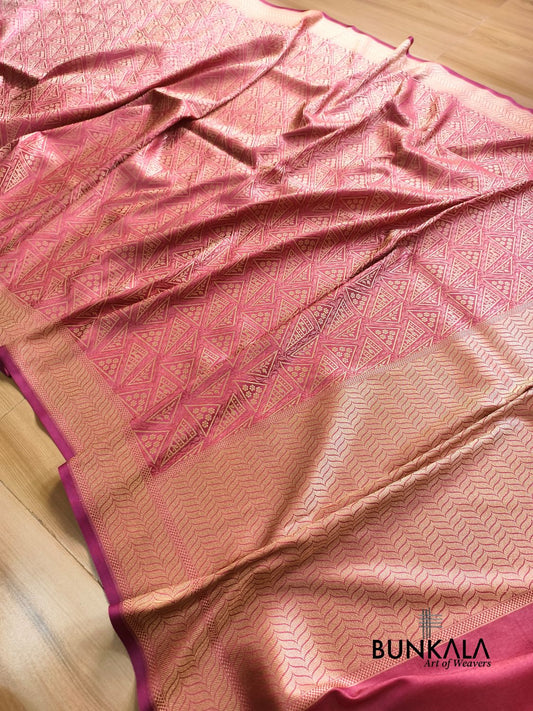 Strawberry Pink Geometrical Brocade Banarasi Mashru Silk Saree