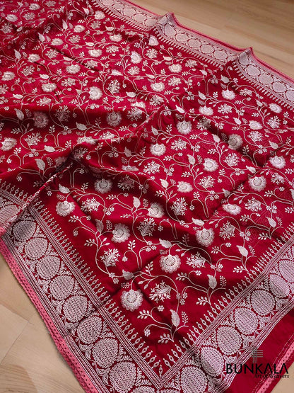Red Banarasi Organza Silver Zari Work Floral Design Embroidery Saree