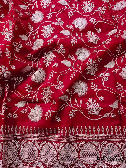 Red Banarasi Organza Silver Zari Work Floral Design Embroidery Saree