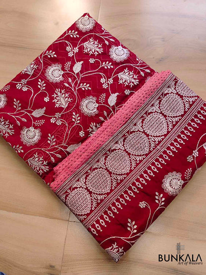 Red Banarasi Organza Silver Zari Work Floral Design Embroidery Saree