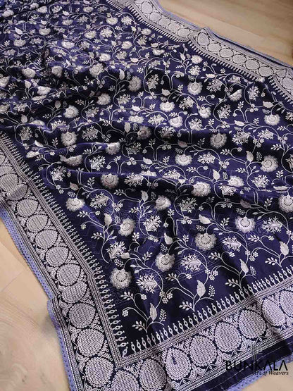 Navy Blue Banarasi Organza Silver Zari Work Floral Design Embroidery Saree