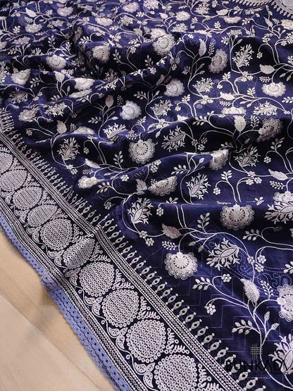 Navy Blue Banarasi Organza Silver Zari Work Floral Design Embroidery Saree