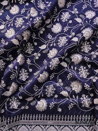 Navy Blue Banarasi Organza Silver Zari Work Floral Design Embroidery Saree