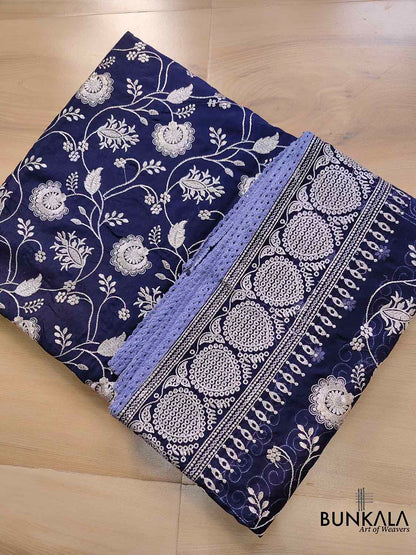 Navy Blue Banarasi Organza Silver Zari Work Floral Design Embroidery Saree