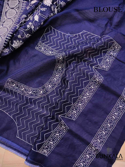 Navy Blue Banarasi Organza Silver Zari Work Floral Design Embroidery Saree