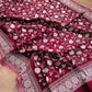 Deep Wine Banarasi Organza Silver Zari Work Floral Design Embroidery Saree