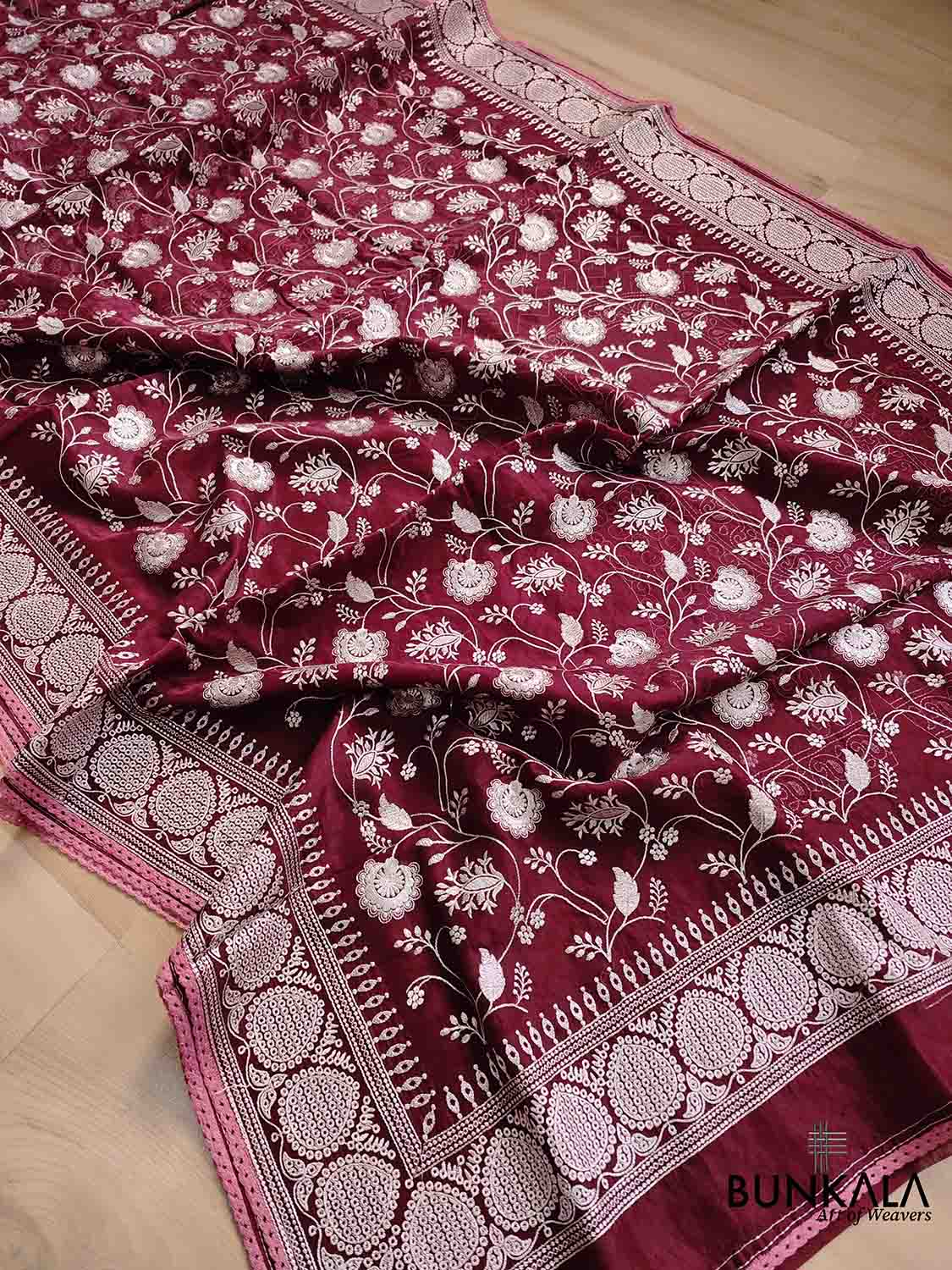 Deep Wine Banarasi Organza Silver Zari Work Floral Design Embroidery Saree