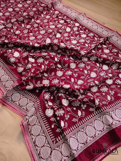 Deep Wine Banarasi Organza Silver Zari Work Floral Design Embroidery Saree