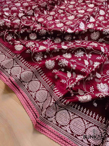 Deep Wine Banarasi Organza Silver Zari Work Floral Design Embroidery Saree