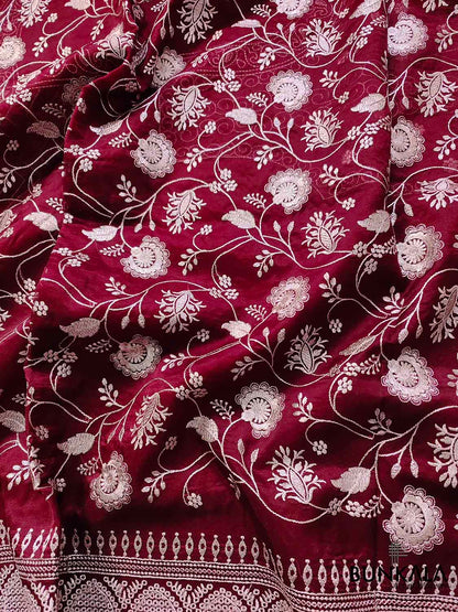 Deep Wine Banarasi Organza Silver Zari Work Floral Design Embroidery Saree