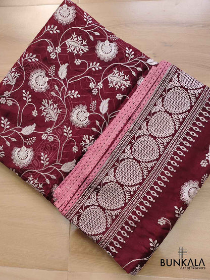 Deep Wine Banarasi Organza Silver Zari Work Floral Design Embroidery Saree