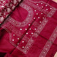 Deep Wine Banarasi Organza Silver Zari Work Floral Design Embroidery Saree