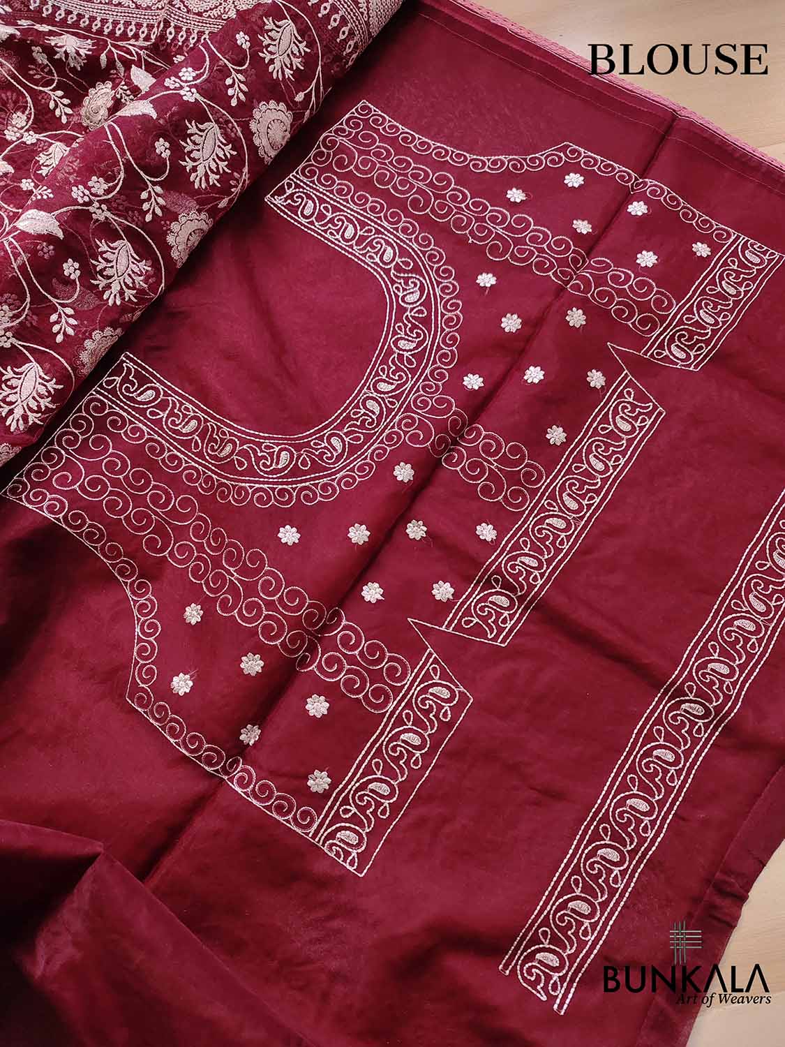 Deep Wine Banarasi Organza Silver Zari Work Floral Design Embroidery Saree