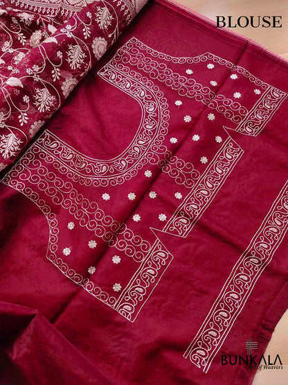 Deep Wine Banarasi Organza Silver Zari Work Floral Design Embroidery Saree