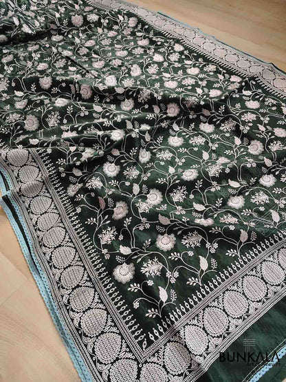 Bottle Green Banarasi Organza Silver Zari Work Floral Design Embroidery Saree