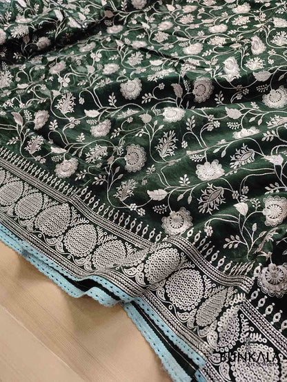 Bottle Green Banarasi Organza Silver Zari Work Floral Design Embroidery Saree